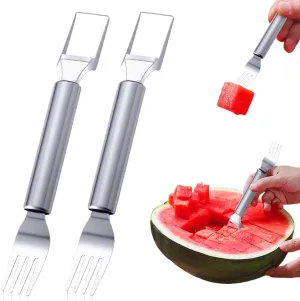 2-in-1 Stainless Steel Fruit Cutter, 2025 New Watermelon Slicer Cutter Tool, Portable Watermelon Fork Slicer Cutter, Dual Head Fruit Knife for Summer Home Party Camping Kitchen Gadgets (2)
