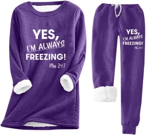 2 Piece Lounge Set Women Funny Letter Print Fleece Crewneck Sweatshirt Sherpa Lined Jogger Soft Warm Sweatpant 2024