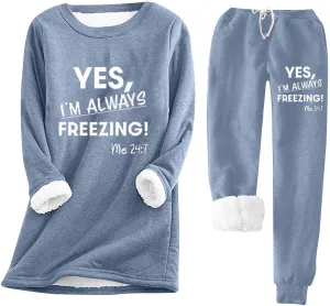 2 Piece Lounge Set Women Funny Letter Print Fleece Crewneck Sweatshirt Sherpa Lined Jogger Soft Warm Sweatpant 2024