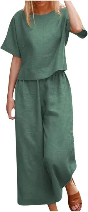 2 Piece Outfits for Women Casual Summer Cotton Linen Sets Short Sleeve Round Neck Tops Wide Leg Pants Tracksuits