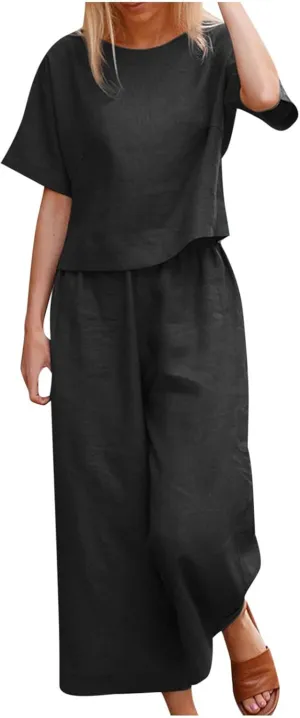 2 Piece Outfits for Women Casual Summer Cotton Linen Sets Short Sleeve Round Neck Tops Wide Leg Pants Tracksuits