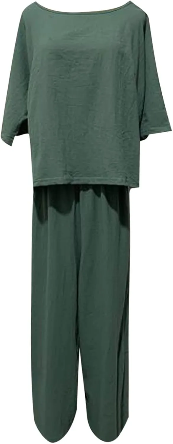 2 Piece Outfits for Women Casual Summer Cotton Linen Sets Short Sleeve Round Neck Tops Wide Leg Pants Tracksuits