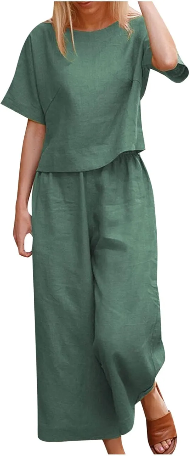 2 Piece Outfits for Women Casual Summer Cotton Linen Sets Short Sleeve Round Neck Tops Wide Leg Pants Tracksuits