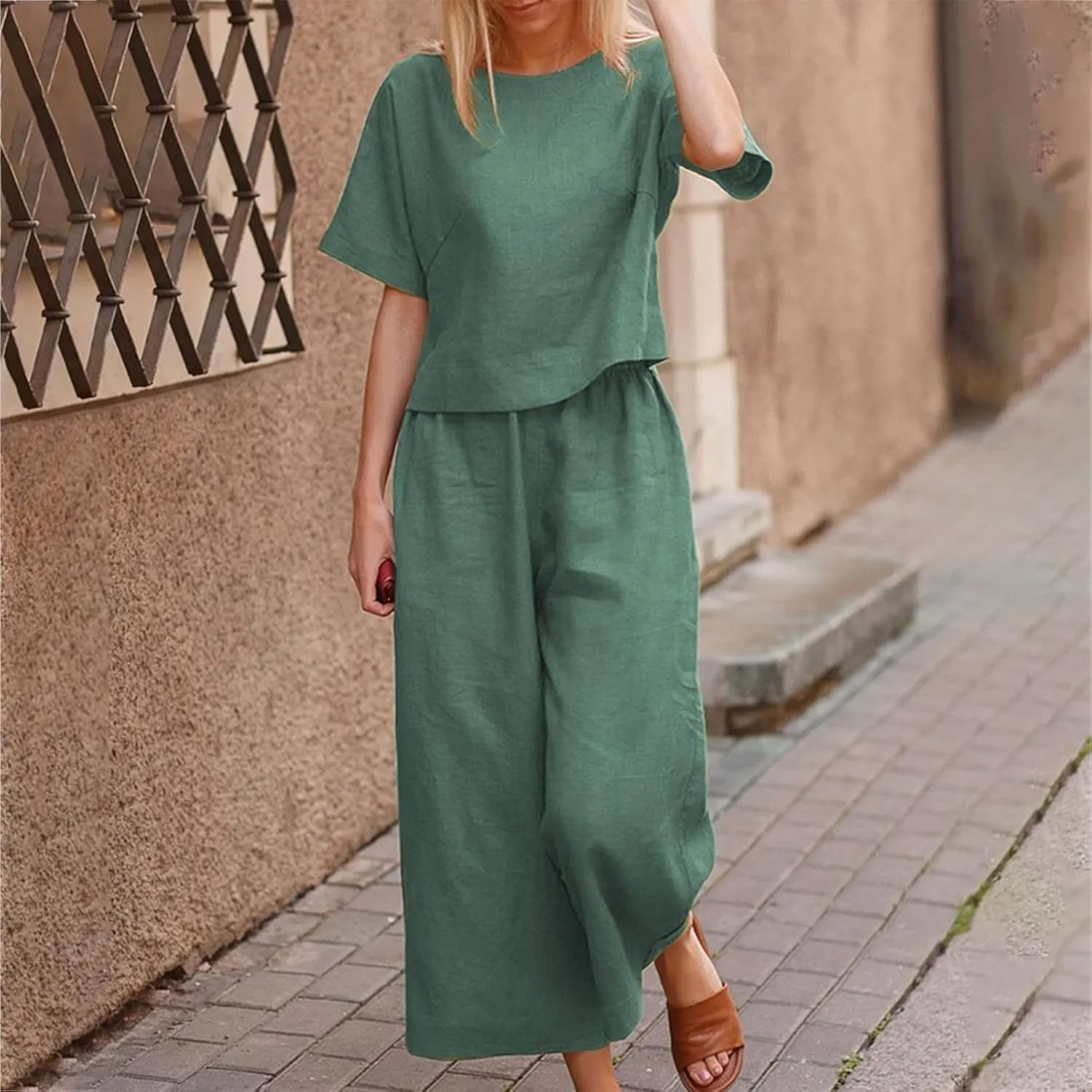 2 Piece Outfits for Women Casual Summer Cotton Linen Sets Short Sleeve Round Neck Tops Wide Leg Pants Tracksuits