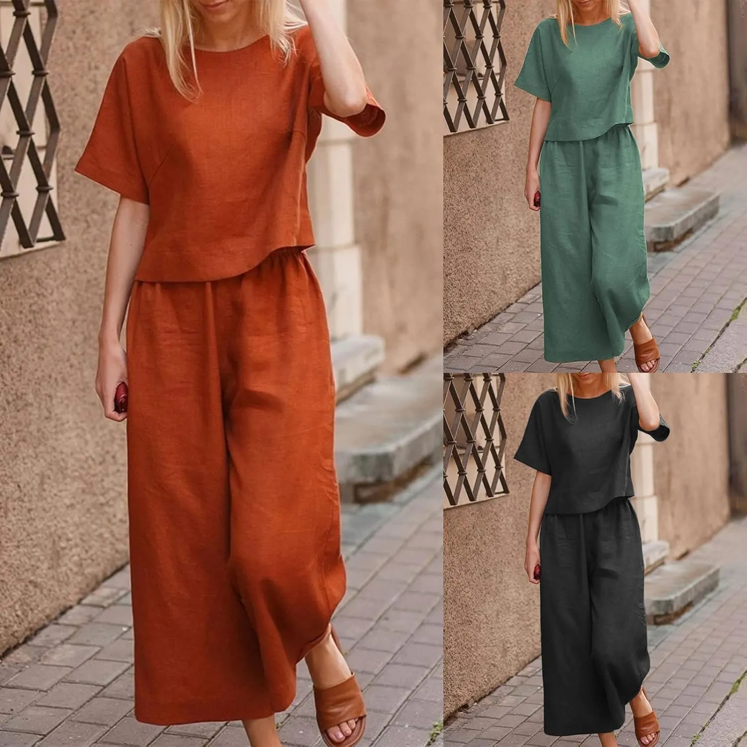 2 Piece Outfits for Women Casual Summer Cotton Linen Sets Short Sleeve Round Neck Tops Wide Leg Pants Tracksuits
