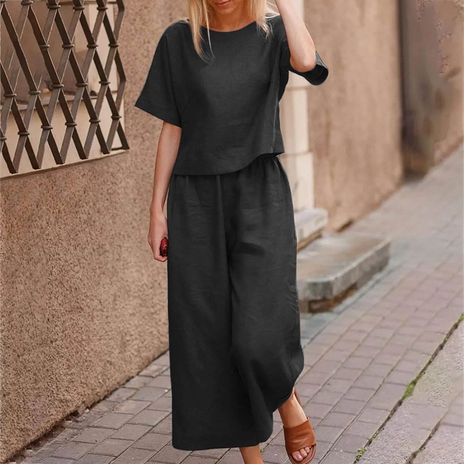 2 Piece Outfits for Women Casual Summer Cotton Linen Sets Short Sleeve Round Neck Tops Wide Leg Pants Tracksuits