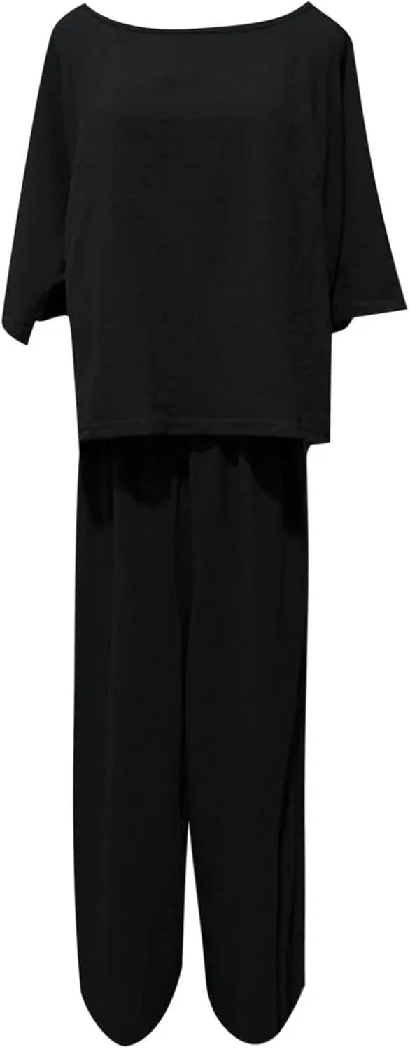 2 Piece Outfits for Women Casual Summer Cotton Linen Sets Short Sleeve Round Neck Tops Wide Leg Pants Tracksuits