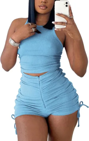 2 Piece Outfits for Women Summer Crop Top Tank High Waist Bodycon Ribbed Solid Sweatsuits Tracksuits Casual Shorts Set Romper