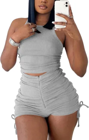 2 Piece Outfits for Women Summer Crop Top Tank High Waist Bodycon Ribbed Solid Sweatsuits Tracksuits Casual Shorts Set Romper