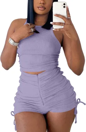 2 Piece Outfits for Women Summer Crop Top Tank High Waist Bodycon Ribbed Solid Sweatsuits Tracksuits Casual Shorts Set Romper