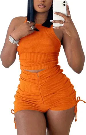 2 Piece Outfits for Women Summer Crop Top Tank High Waist Bodycon Ribbed Solid Sweatsuits Tracksuits Casual Shorts Set Romper