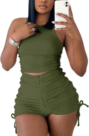 2 Piece Outfits for Women Summer Crop Top Tank High Waist Bodycon Ribbed Solid Sweatsuits Tracksuits Casual Shorts Set Romper