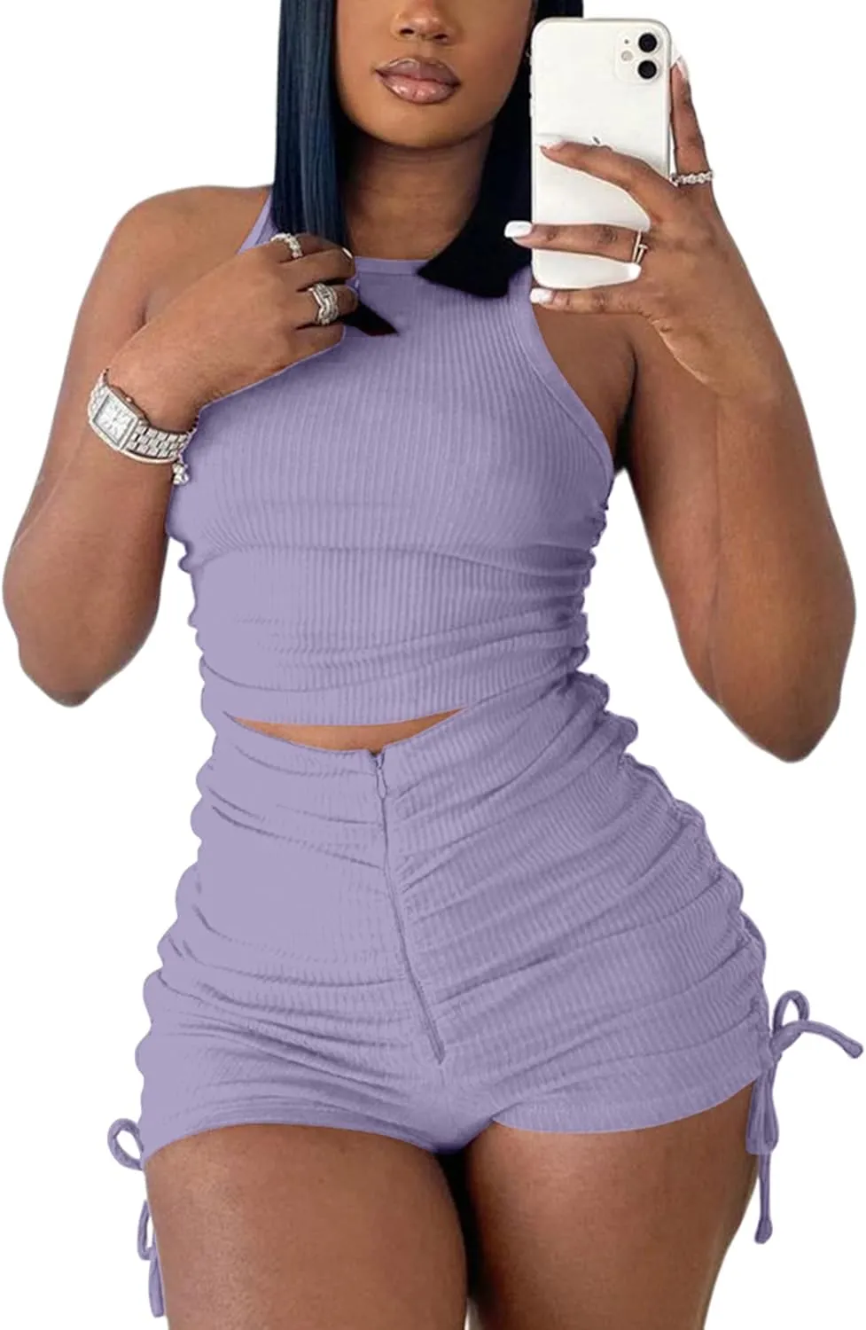2 Piece Outfits for Women Summer Crop Top Tank High Waist Bodycon Ribbed Solid Sweatsuits Tracksuits Casual Shorts Set Romper