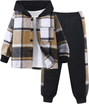2-Piece Sets for Boys Button Front Pullover Hoodie and Jogger Pants Set Fall Winter Plaid Print Outfits