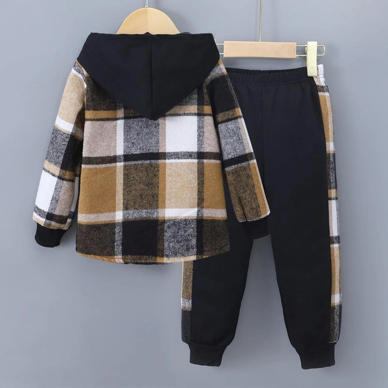 2-Piece Sets for Boys Button Front Pullover Hoodie and Jogger Pants Set Fall Winter Plaid Print Outfits