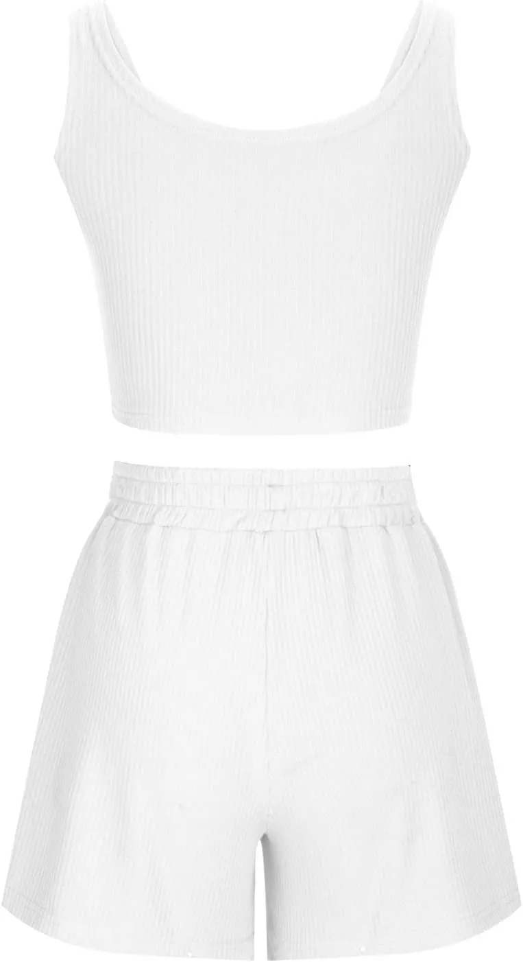 2 Piece Women Lounge Set Sleeveless Crop Top and Shorts Ribbed Knit Lounge Set Workout Tracksuits Sweatsuit for Summer