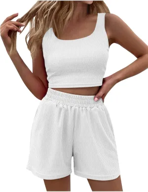 2 Piece Women Lounge Set Sleeveless Crop Top and Shorts Ribbed Knit Lounge Set Workout Tracksuits Sweatsuit for Summer