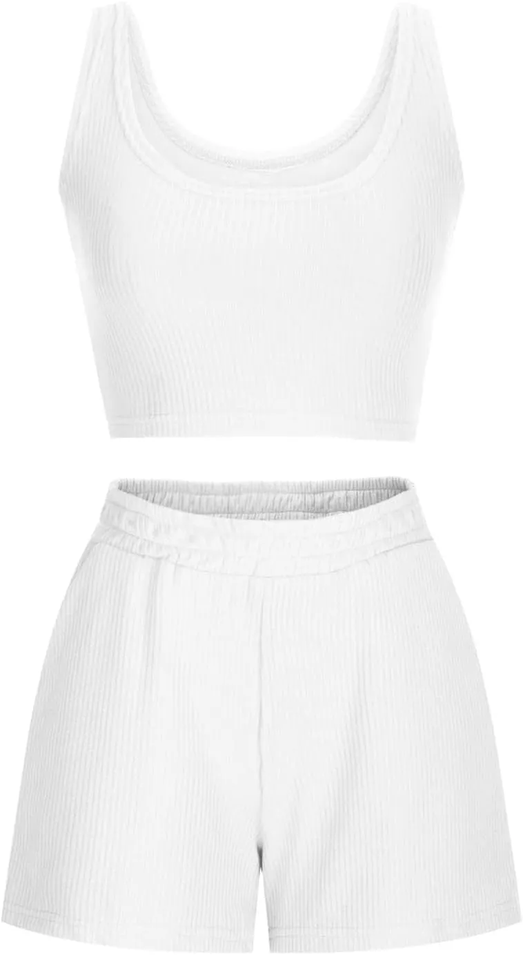 2 Piece Women Lounge Set Sleeveless Crop Top and Shorts Ribbed Knit Lounge Set Workout Tracksuits Sweatsuit for Summer
