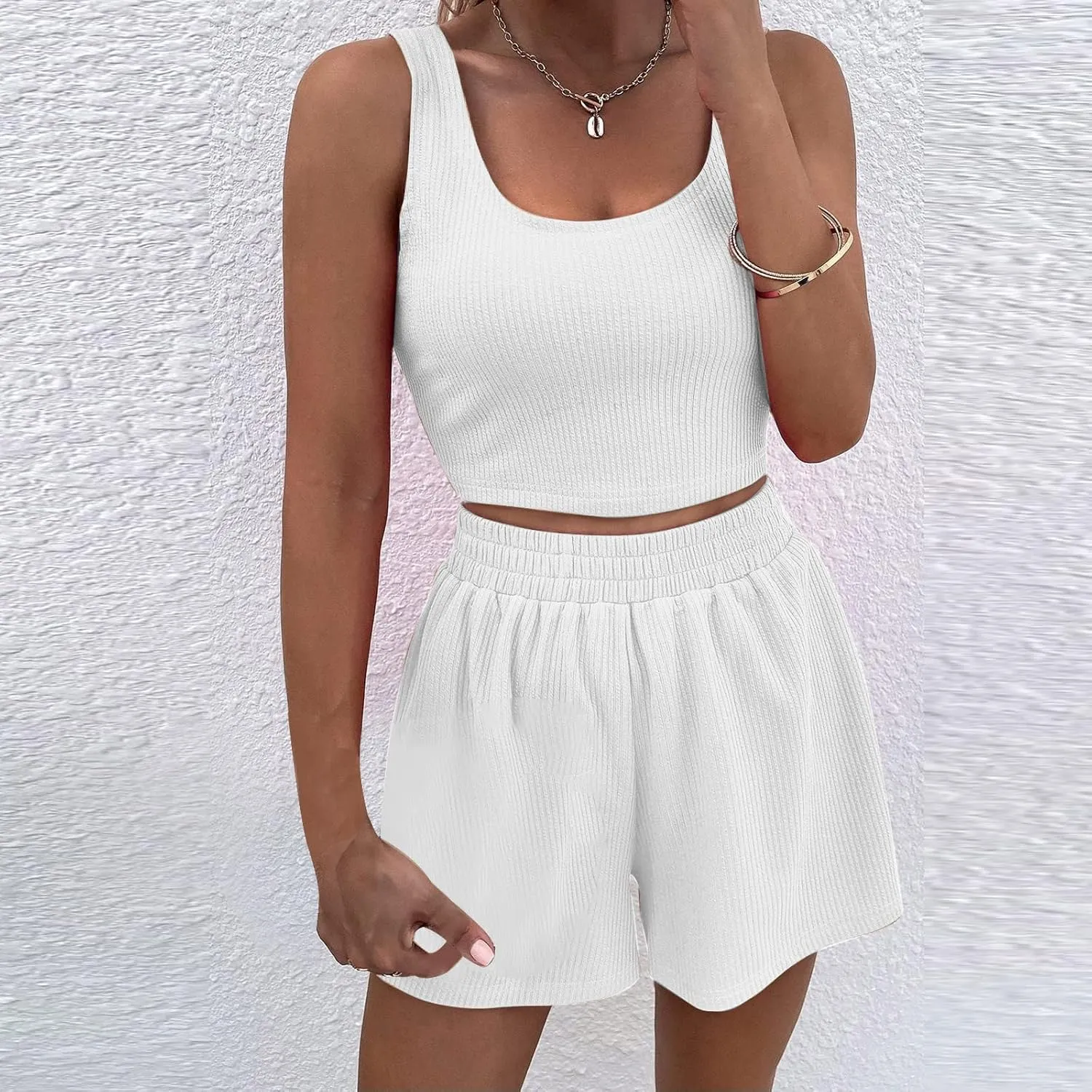 2 Piece Women Lounge Set Sleeveless Crop Top and Shorts Ribbed Knit Lounge Set Workout Tracksuits Sweatsuit for Summer