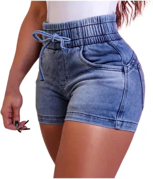 2024 Womens Casual Denim Short Elastic High-Waisted Drawstring Comfy Shorts Slim Fit Stretchy Jean Shorts with Pocket 2024