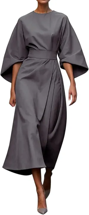 2025 Dresses for Women Elegant Classy 3/4 Lantern Sleeve Solid Color High Waist A Line Flowy Formal Evening Gowns Dress