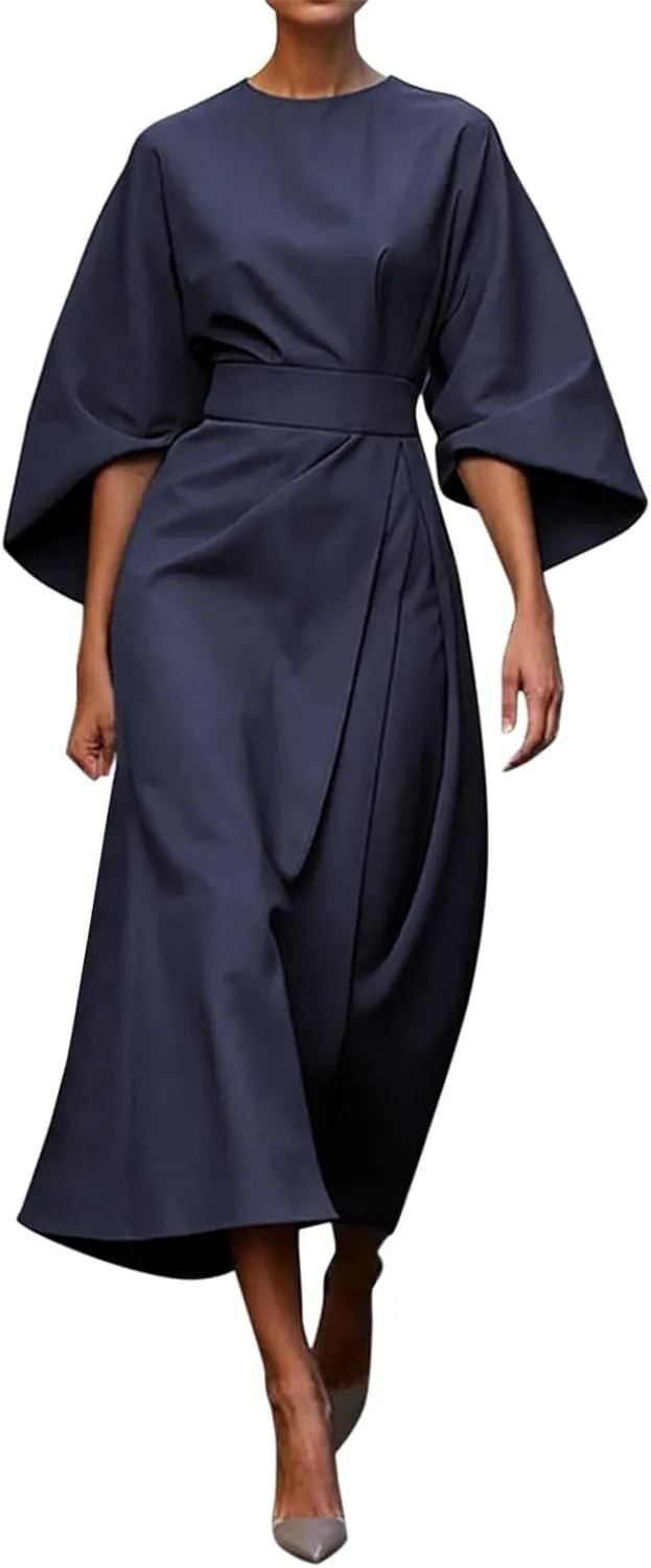 2025 Dresses for Women Elegant Classy 3/4 Lantern Sleeve Solid Color High Waist A Line Flowy Formal Evening Gowns Dress