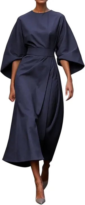 2025 Dresses for Women Elegant Classy 3/4 Lantern Sleeve Solid Color High Waist A Line Flowy Formal Evening Gowns Dress