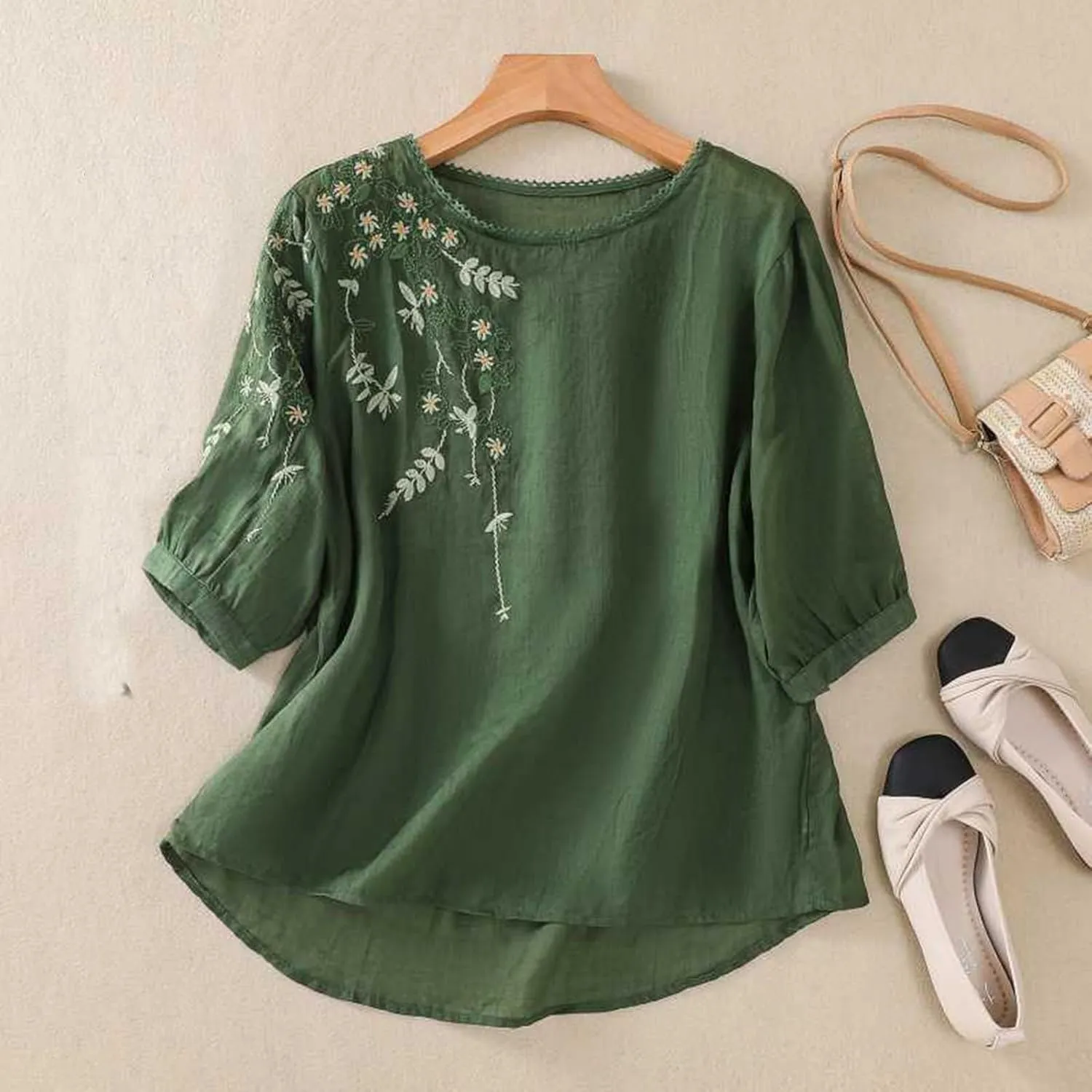 3/4 Sleeve Cotton Linen Shirts for Women 2025 Summer Retro Embroidered Boho Tops Dressy Casual Trendy Vacation Blouse