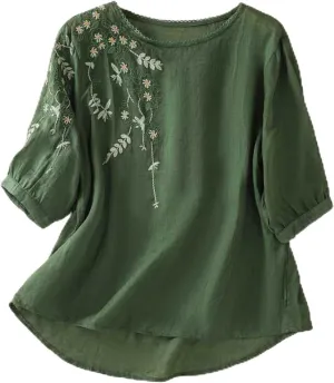 3/4 Sleeve Cotton Linen Shirts for Women 2025 Summer Retro Embroidered Boho Tops Dressy Casual Trendy Vacation Blouse
