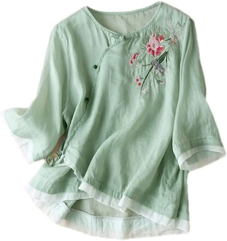 3/4 Sleeve Cotton Linen Shirts for Women 2025 Summer Retro Embroidered Boho Tops Dressy Casual Trendy Vacation Blouse