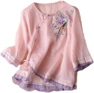 3/4 Sleeve Cotton Linen Shirts for Women 2025 Summer Retro Embroidered Boho Tops Dressy Casual Trendy Vacation Blouse