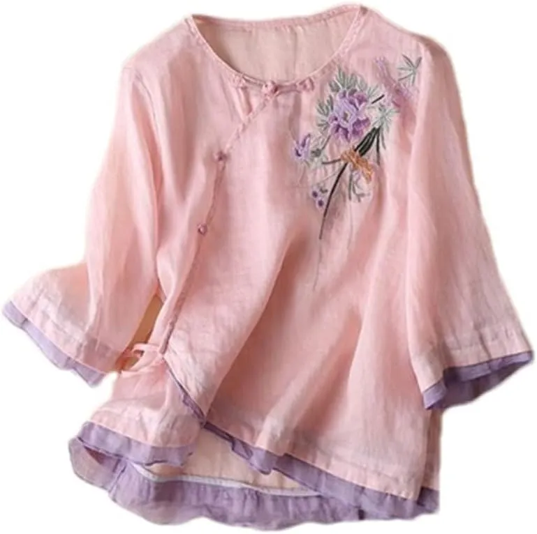 3/4 Sleeve Cotton Linen Shirts for Women 2025 Summer Retro Embroidered Boho Tops Dressy Casual Trendy Vacation Blouse