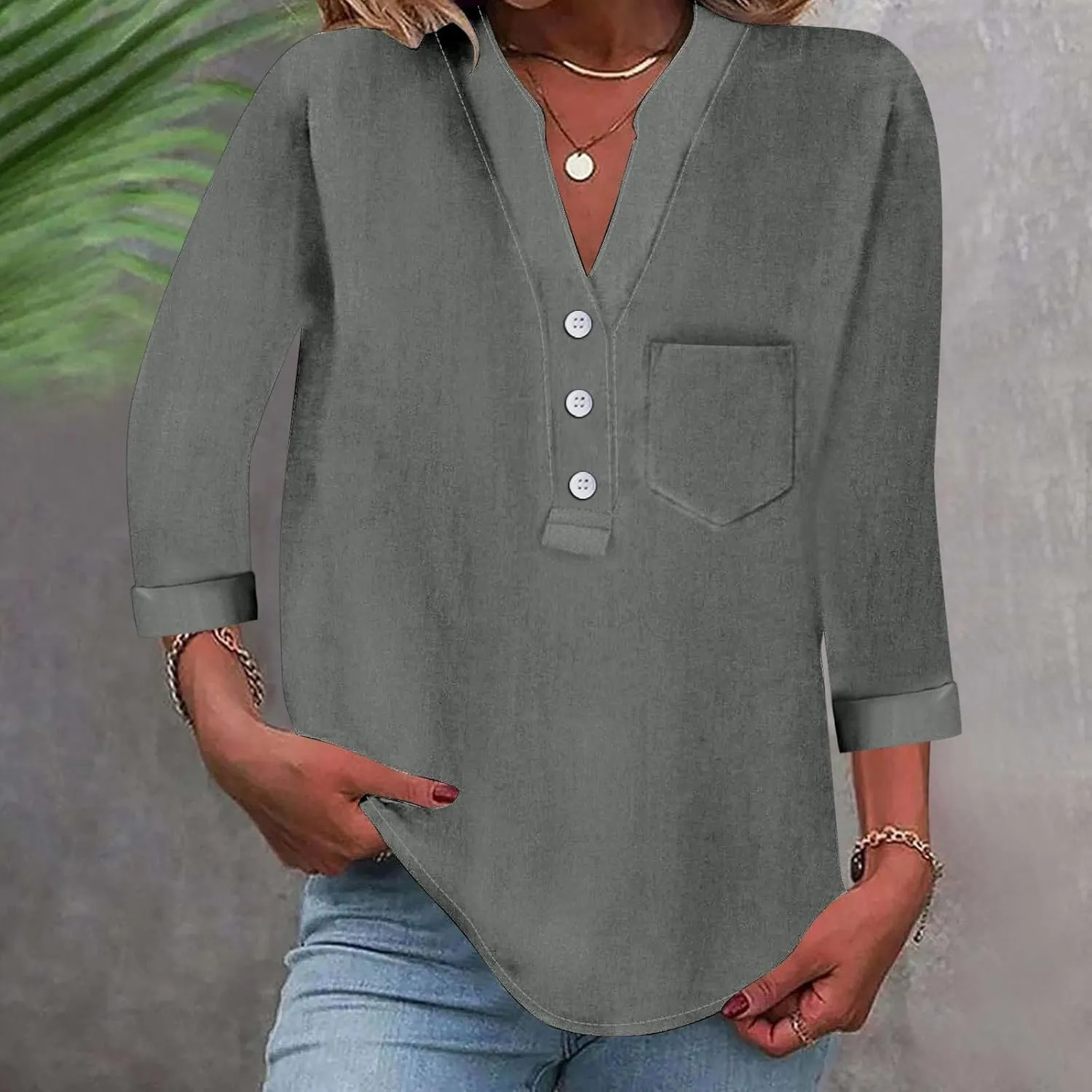 3/4 Sleeve Linen Tops for Women Loose Fit V Neck Button Down Henley Shirts Cute Summer Beach Tee Shirts with Pocket