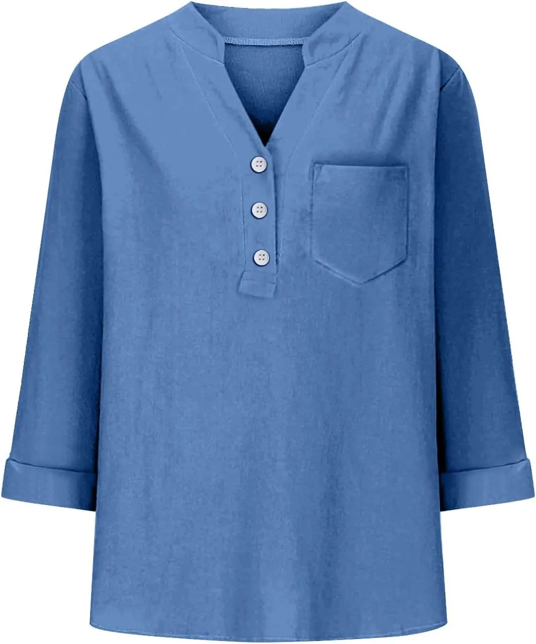 3/4 Sleeve Linen Tops for Women Loose Fit V Neck Button Down Henley Shirts Cute Summer Beach Tee Shirts with Pocket