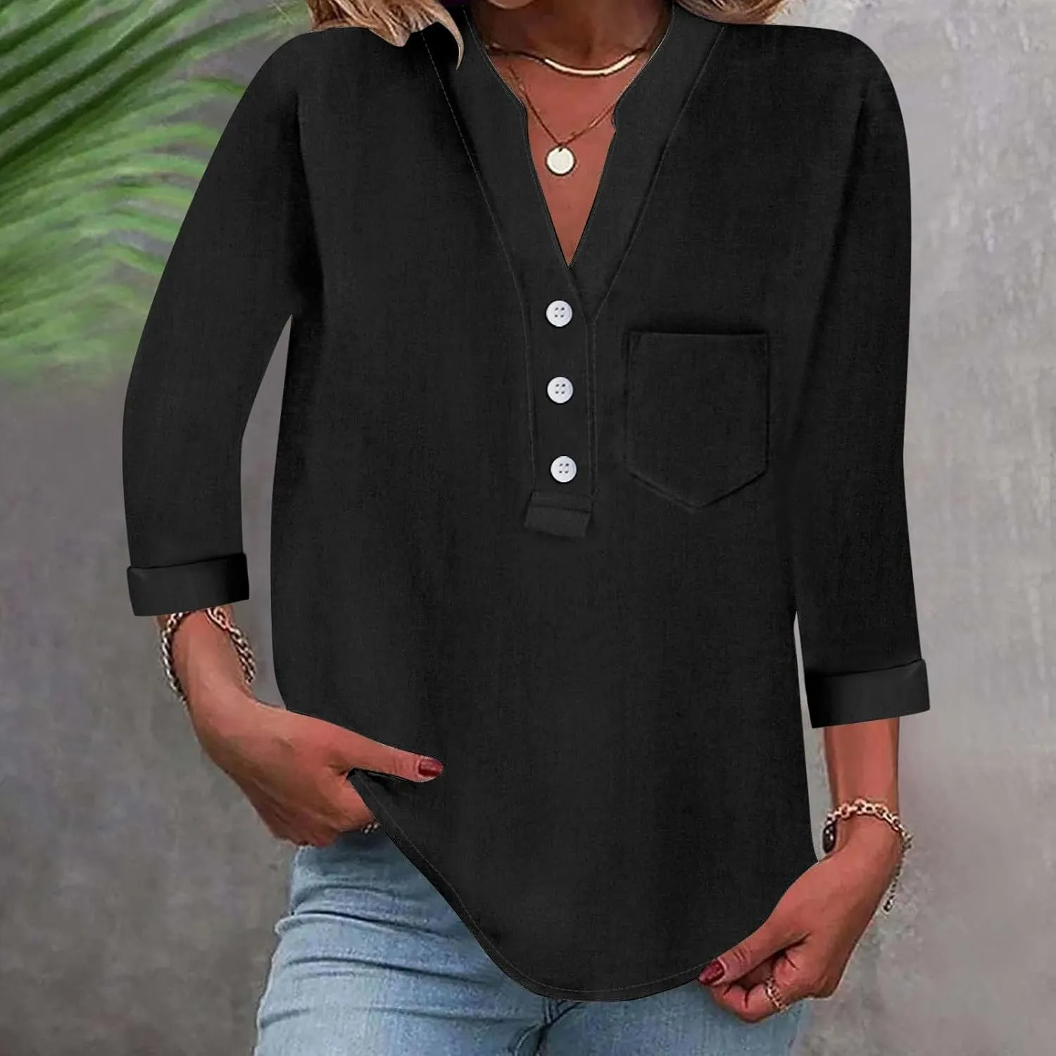 3/4 Sleeve Linen Tops for Women Loose Fit V Neck Button Down Henley Shirts Cute Summer Beach Tee Shirts with Pocket