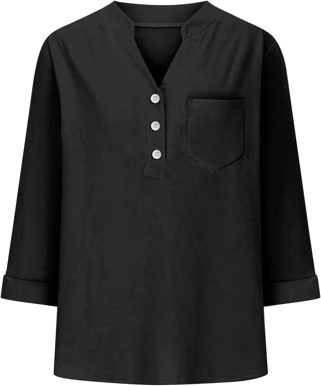 3/4 Sleeve Linen Tops for Women Loose Fit V Neck Button Down Henley Shirts Cute Summer Beach Tee Shirts with Pocket