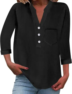 3/4 Sleeve Linen Tops for Women Loose Fit V Neck Button Down Henley Shirts Cute Summer Beach Tee Shirts with Pocket