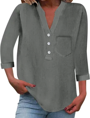 3/4 Sleeve Linen Tops for Women Loose Fit V Neck Button Down Henley Shirts Cute Summer Beach Tee Shirts with Pocket