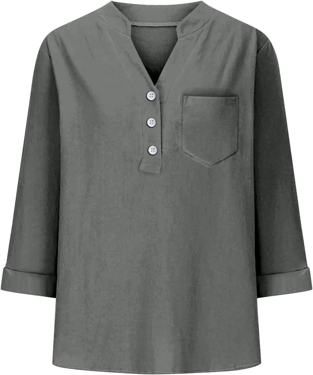 3/4 Sleeve Linen Tops for Women Loose Fit V Neck Button Down Henley Shirts Cute Summer Beach Tee Shirts with Pocket