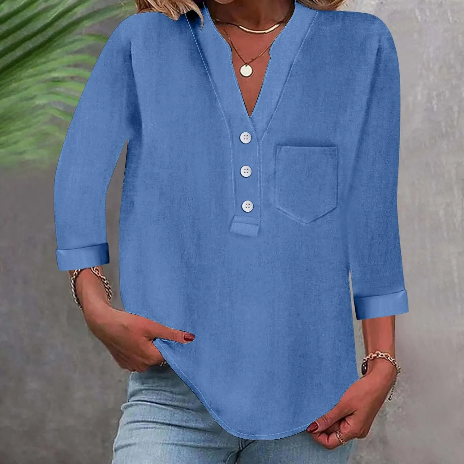3/4 Sleeve Linen Tops for Women Loose Fit V Neck Button Down Henley Shirts Cute Summer Beach Tee Shirts with Pocket