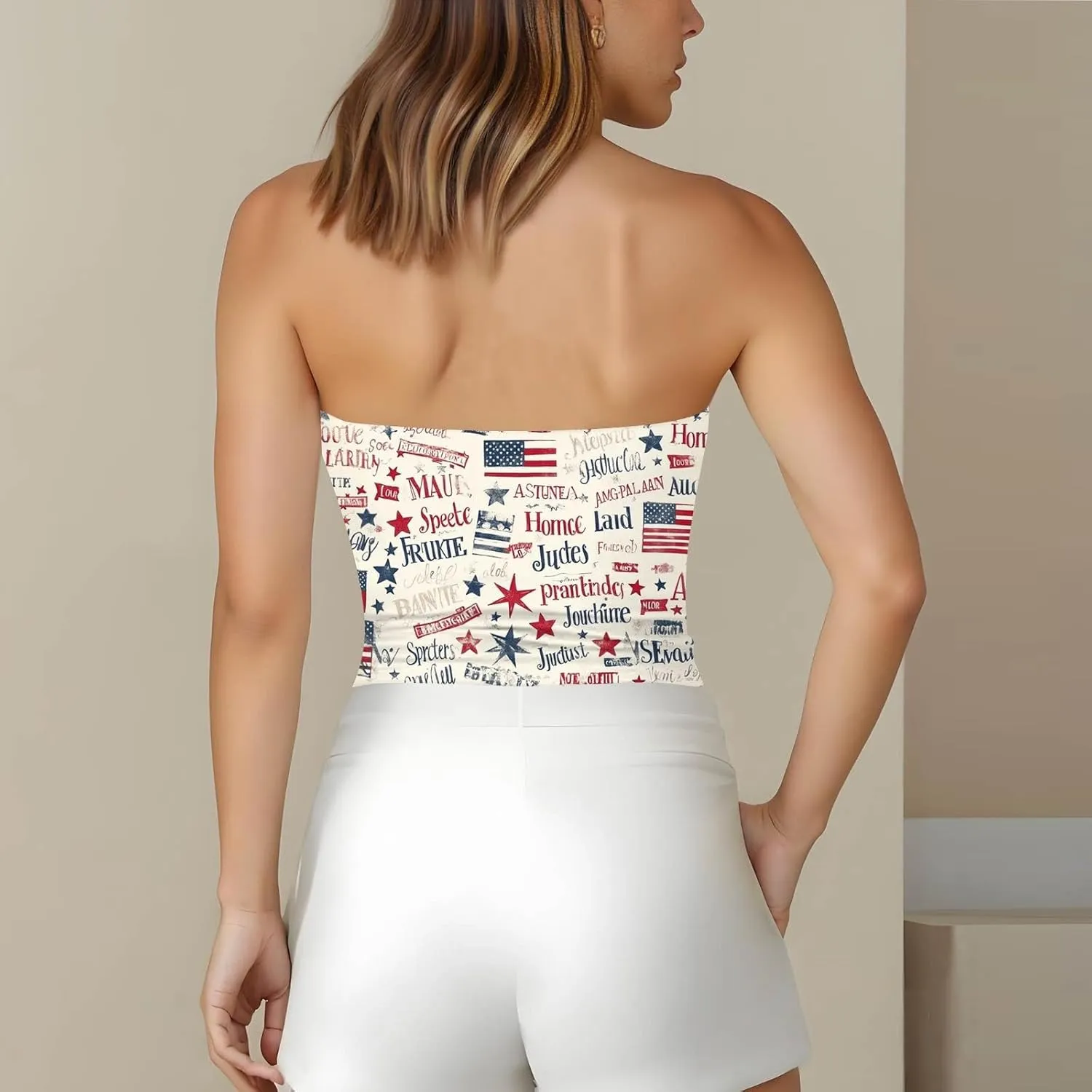4th of July Tank Tops for Women American Flag Tube Top with Built in Bra Sexy Casual Backless Shirts