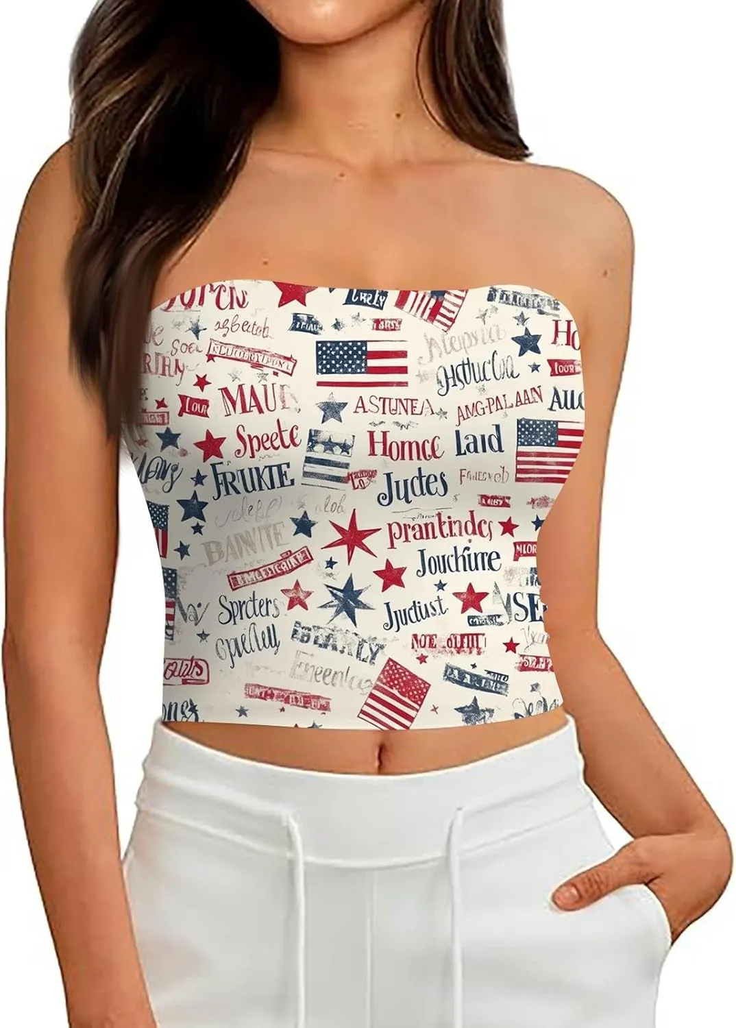 4th of July Tank Tops for Women American Flag Tube Top with Built in Bra Sexy Casual Backless Shirts