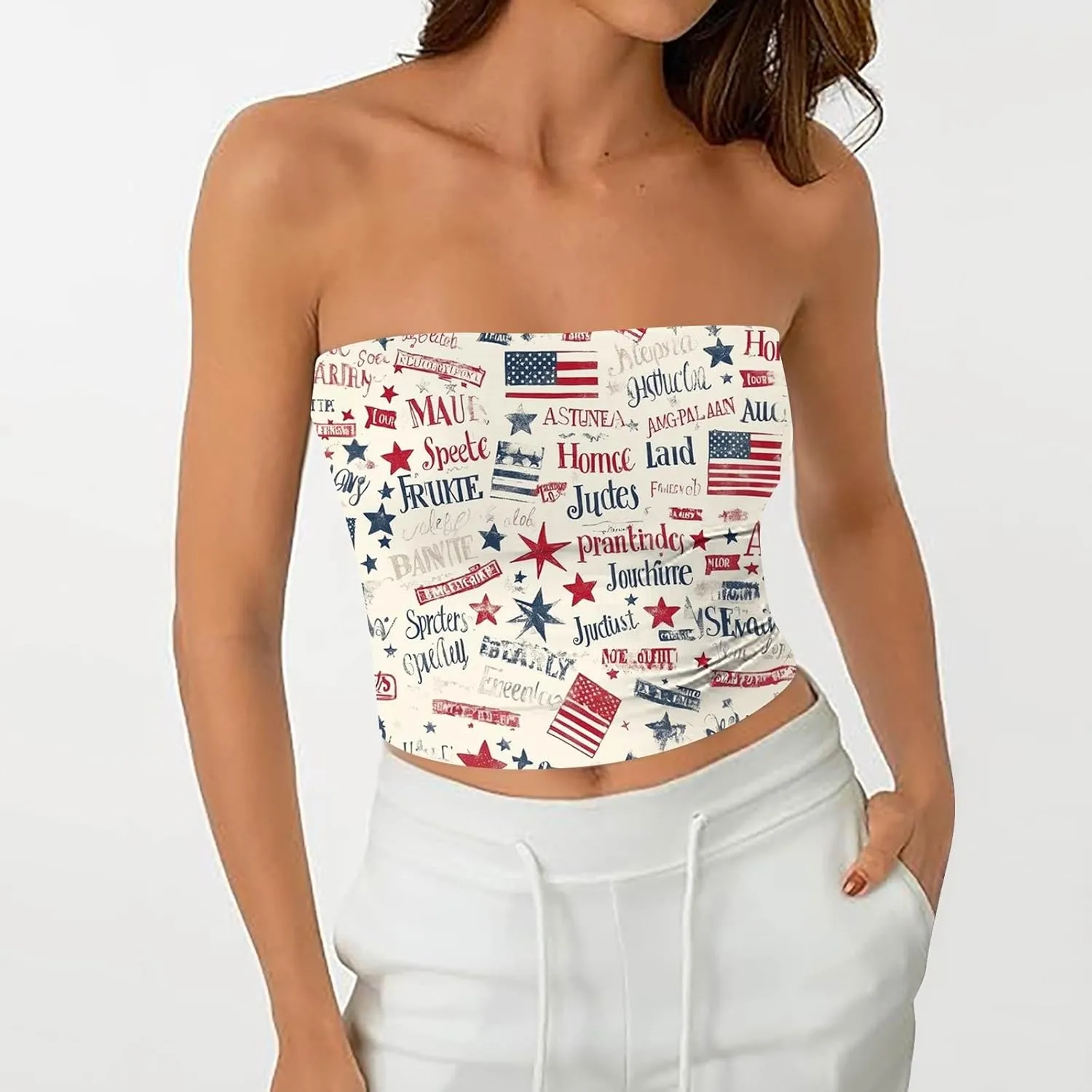 4th of July Tank Tops for Women American Flag Tube Top with Built in Bra Sexy Casual Backless Shirts