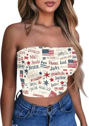4th of July Tank Tops for Women American Flag Tube Top with Built in Bra Sexy Casual Backless Shirts