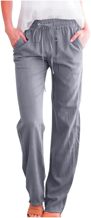 Active Cropped Pants for Womens Solid Drawstring Linen Casual Trousers Slim Fit Pocket Pants Straight Leg Trousers