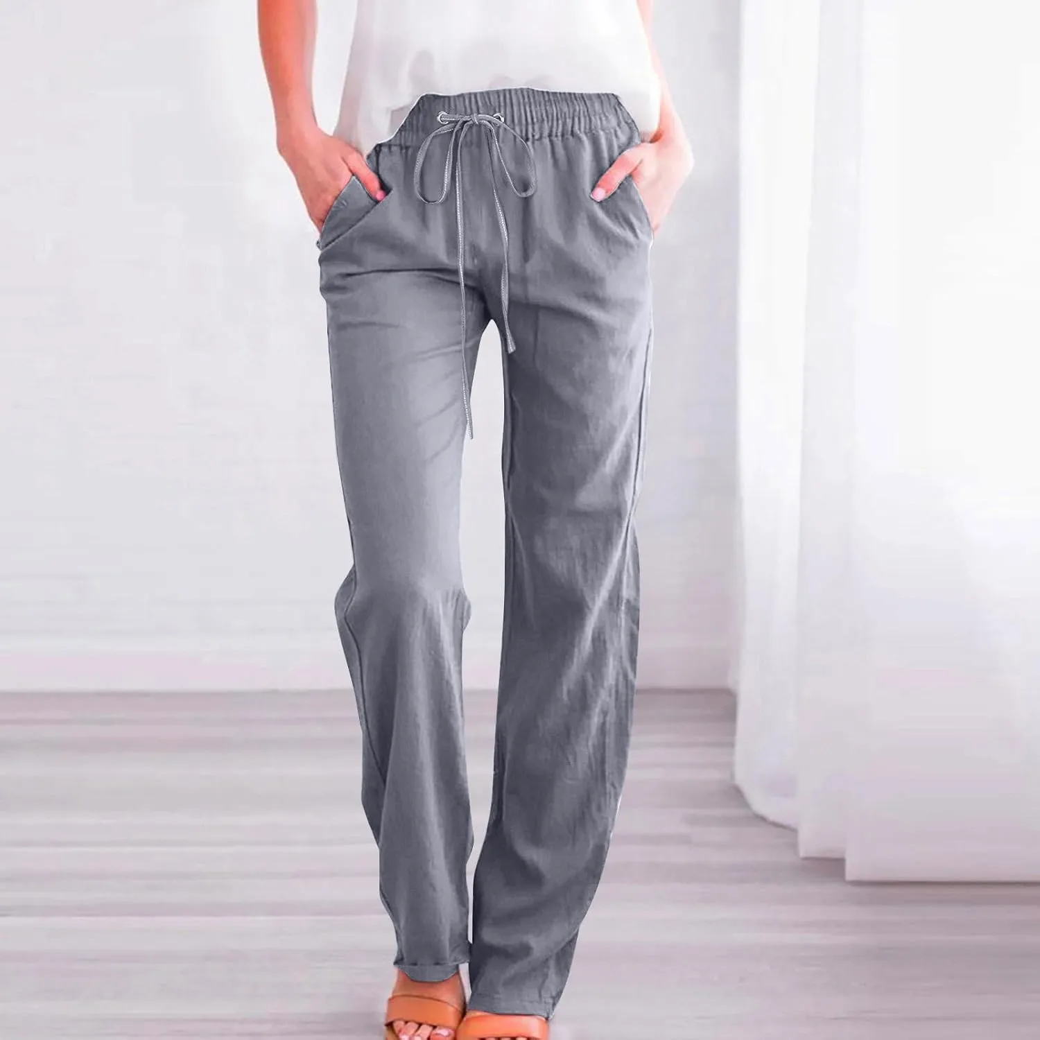 Active Cropped Pants for Womens Solid Drawstring Linen Casual Trousers Slim Fit Pocket Pants Straight Leg Trousers