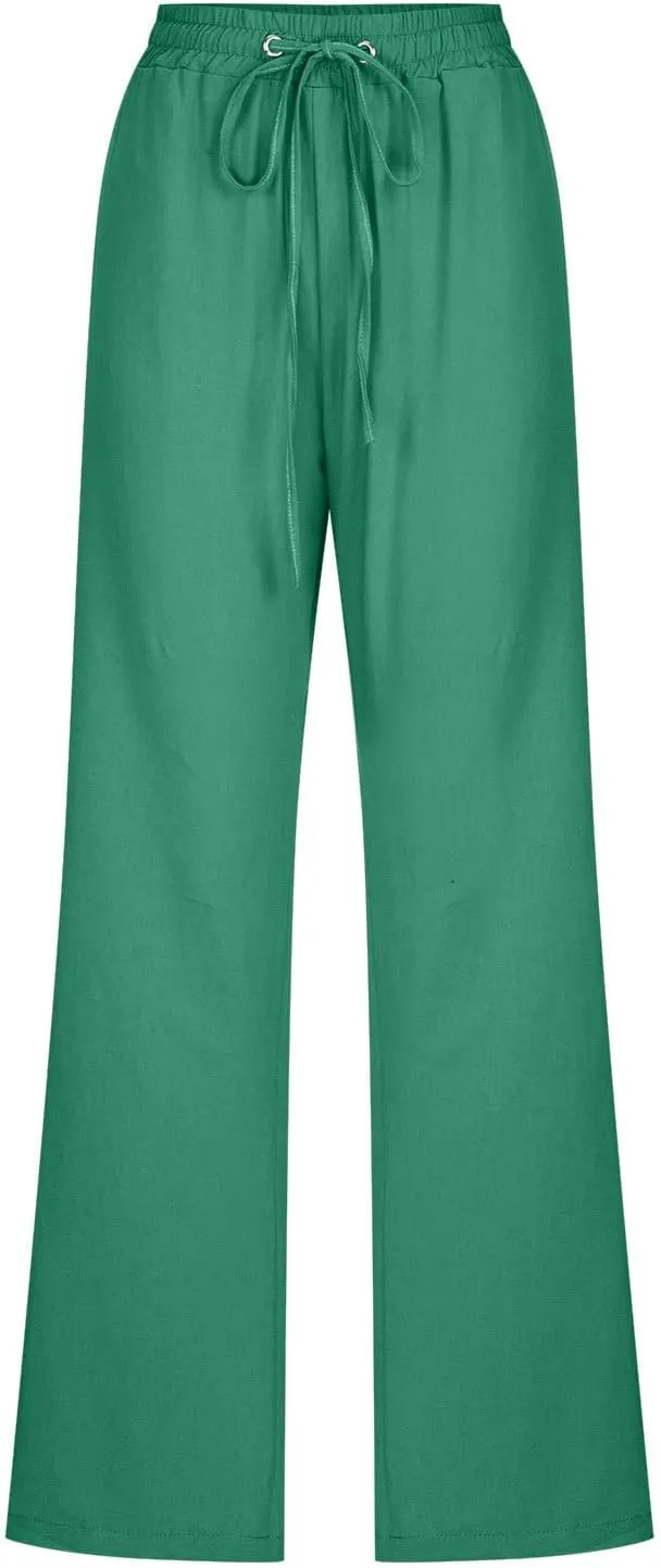 Active Cropped Pants for Womens Solid Drawstring Linen Casual Trousers Slim Fit Pocket Pants Straight Leg Trousers