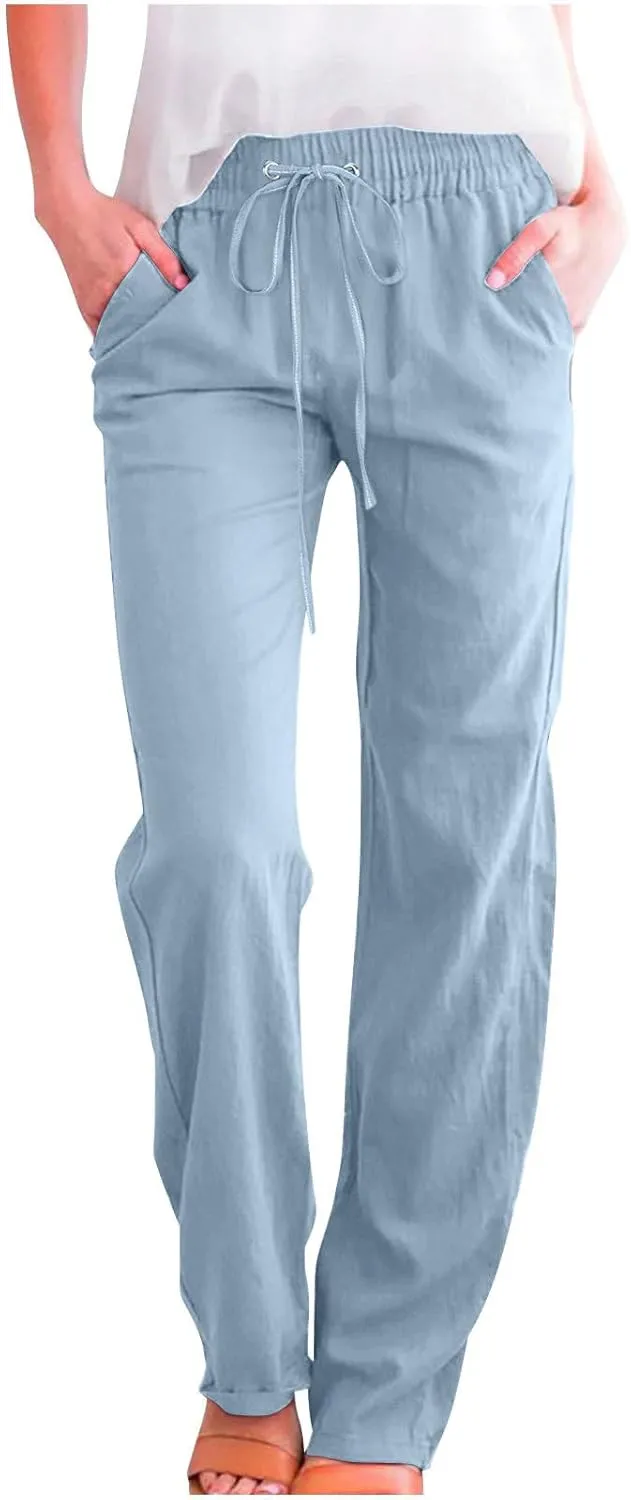 Active Cropped Pants for Womens Solid Drawstring Linen Casual Trousers Slim Fit Pocket Pants Straight Leg Trousers