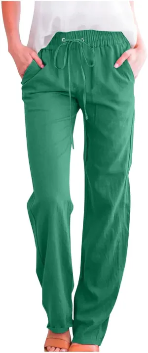 Active Cropped Pants for Womens Solid Drawstring Linen Casual Trousers Slim Fit Pocket Pants Straight Leg Trousers