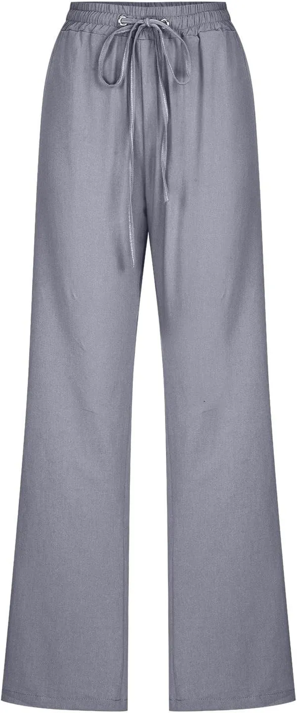 Active Cropped Pants for Womens Solid Drawstring Linen Casual Trousers Slim Fit Pocket Pants Straight Leg Trousers